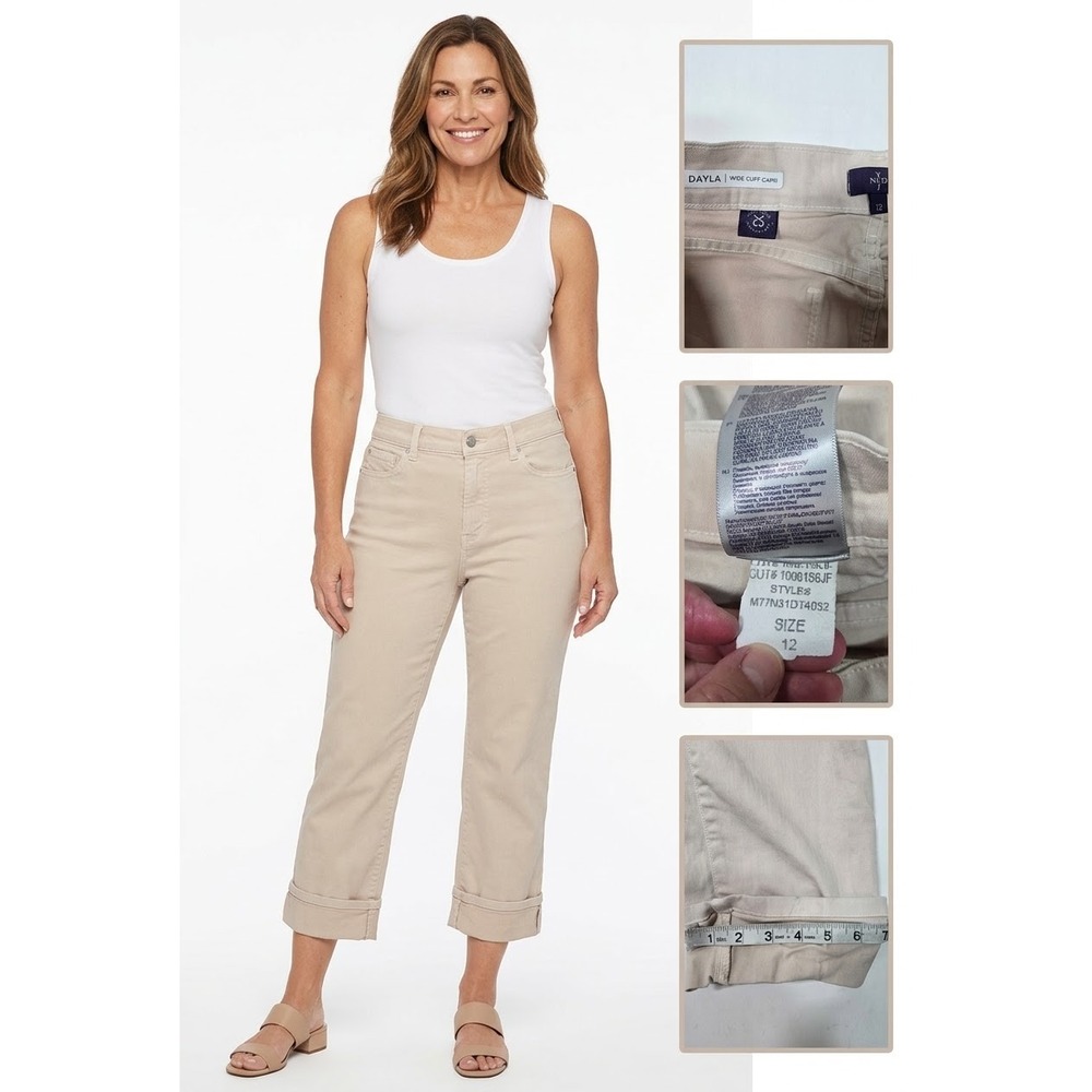 NYDJ Dayla Wide Cuff Capri Jeans 12 Beige Lift Tuck USA Made Stretch Cropped